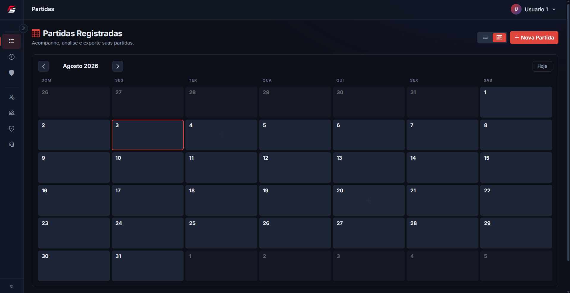 Calendário de partidas registradas no FieldStats